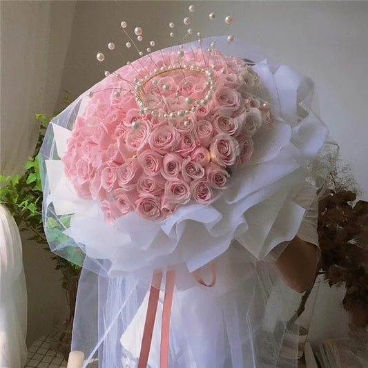 Pearl Elegance – Light Pink Rose Bouquet with Pearl Crown