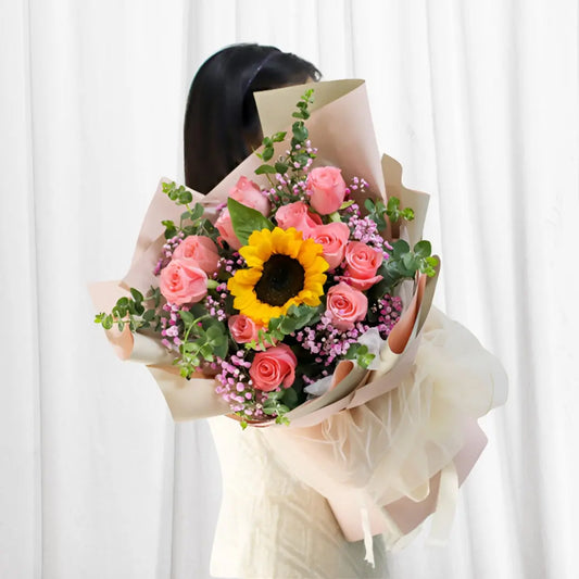 Charming pink rose and sunflower bouquet with eucalyptus and Baby's Breath in Hong Kong