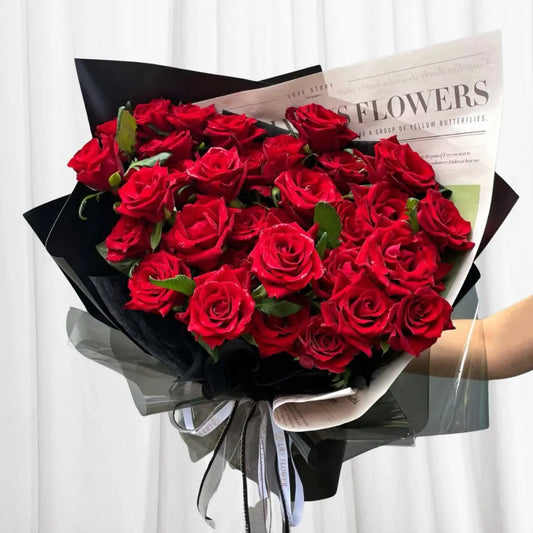 24 Red Roses Bouquet with Greenery - Elegant Romantic Floral Arrangement in Hong Kong