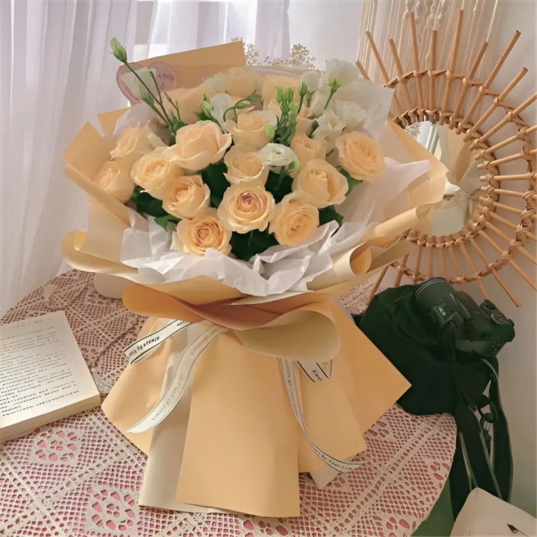 Elegant Peach Bliss Bouquet with 15 light peach roses and white Lisianthus flowers