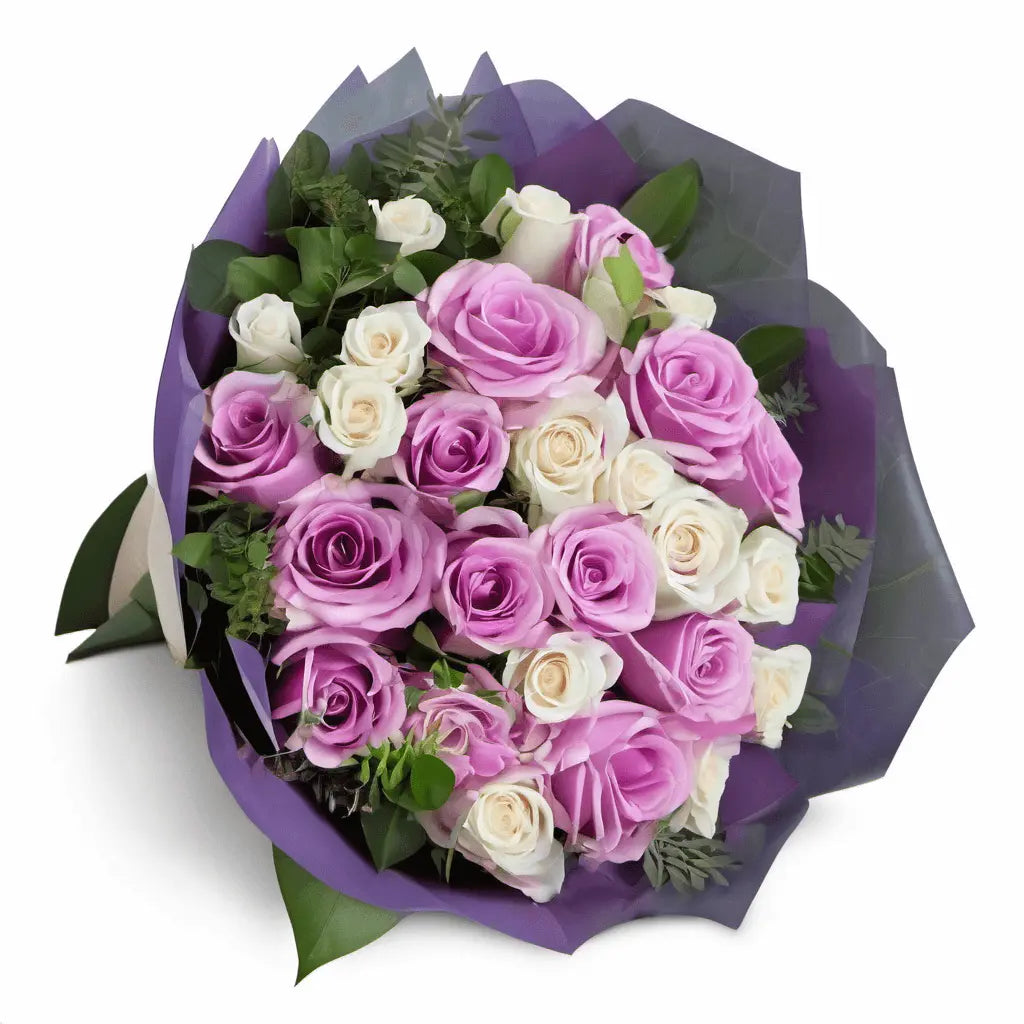 Flower Bouquet of Purple Rose (12 Stalks), Maria Pink Rose (12 Stalks), Pink Spray Rose (4 Stalks), White Alstroemeria (6 Stalks), Eucalyptus Leaves