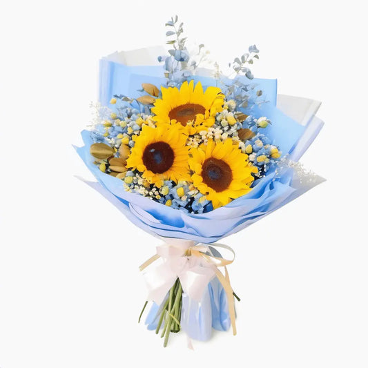 3 Stems of Yellow Sunflower
Bunch of Elegant White Eustoma
Bunch of Soothing Eucalyptus Leaves
Bunch of Innocent White Baby Breath
Bunch of Purple Caspia
Wrapped in Colorful Paper
Gift Card with your message (Free)