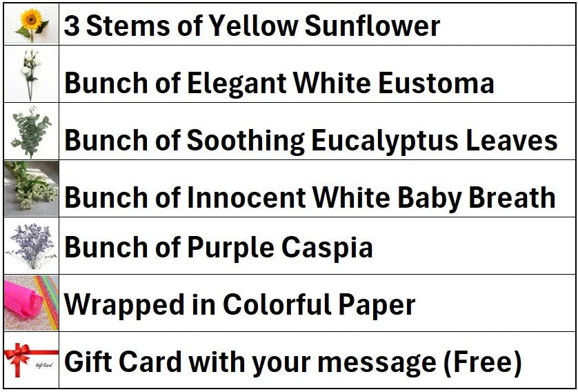 3 Stems of Yellow Sunflower
Bunch of Elegant White Eustoma
Bunch of Soothing Eucalyptus Leaves
Bunch of Innocent White Baby Breath
Bunch of Purple Caspia
Wrapped in Colorful Paper
Gift Card with your message (Free)