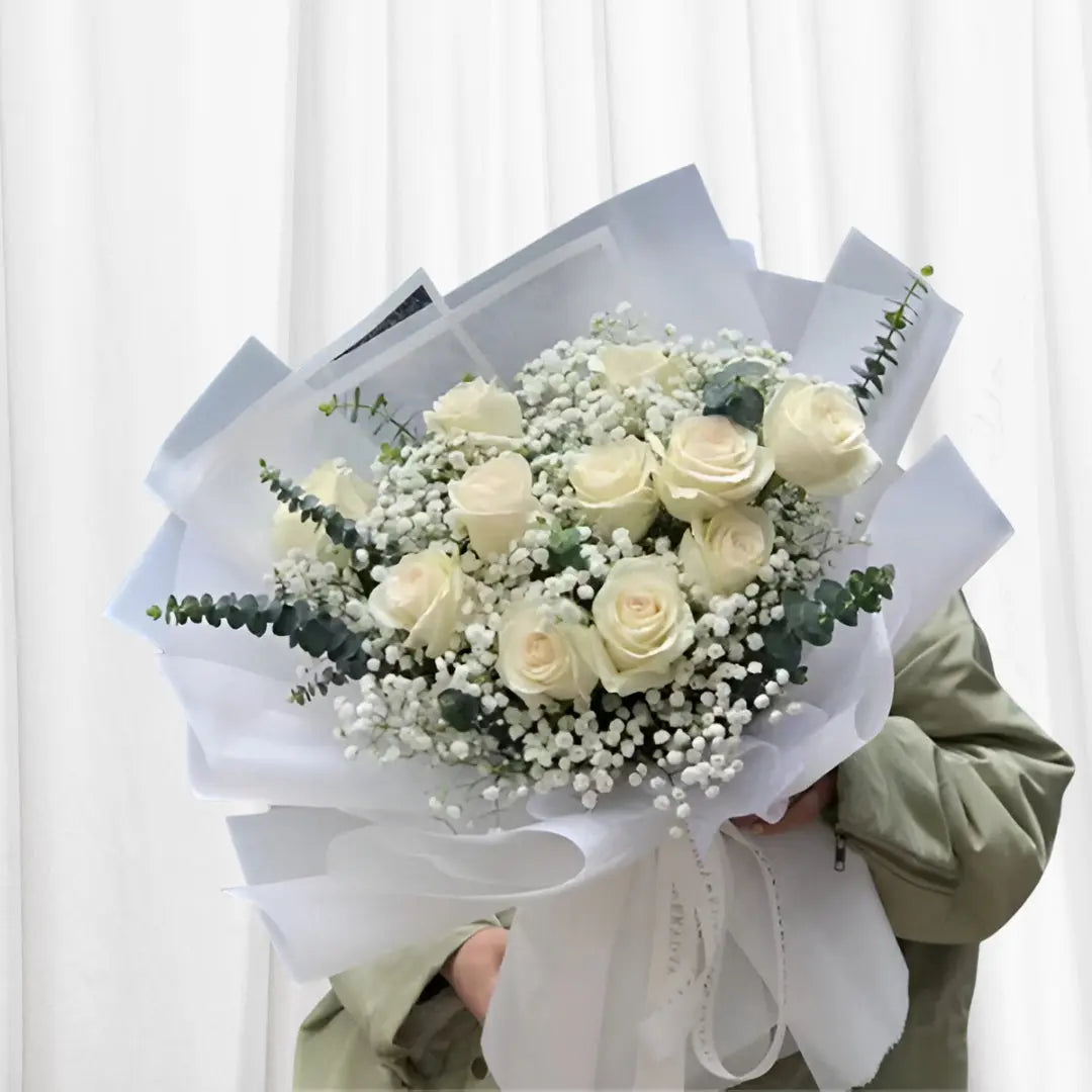 Classic White Rose & Baby's Breath Bouquet with 12 white roses, eucalyptus, and delicate fillers