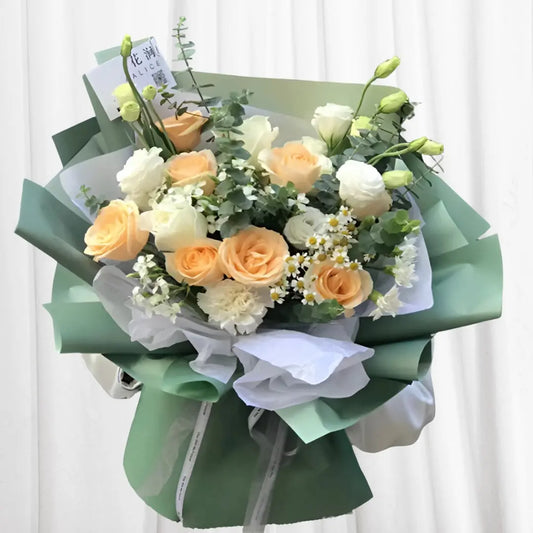 Eternal Grace Bouquet with Peach Roses, White Roses, Ranunculus, Chrysanthemums, and Eucalyptus - Fresh Flower Delivery in Hong Kong