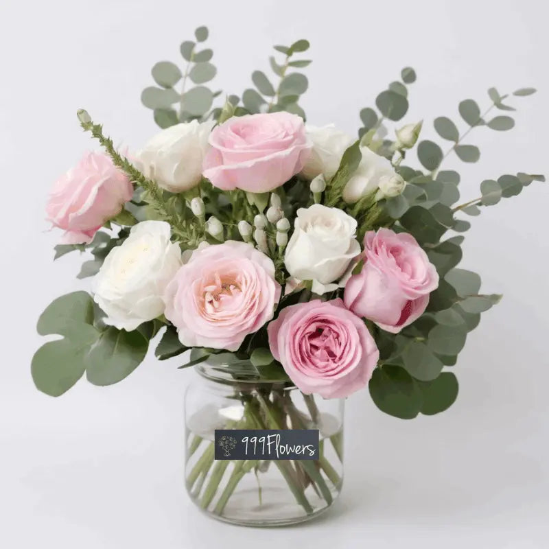 Flower Bouquet Pink Roses (10 stalks), White Eustoma (4 Stalks), Eucalyptus Leaves