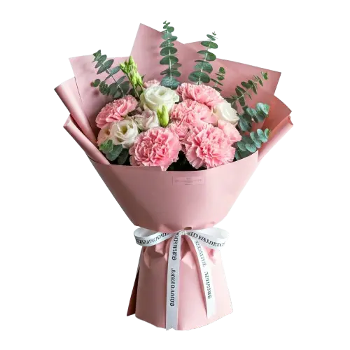 Flower bouquet of Pink Carnation (2 stalks), Champagne Eustoma (1 stalk), White Ping Pong (2 stalks), Eucalyptus Leaves
