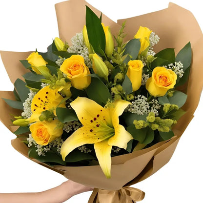 Flower Bouquet Yellow Lily (1 Stalk), Yellow Rose (3 Stalks), White Statice (1 Stalk), Eucalyptus Leaves