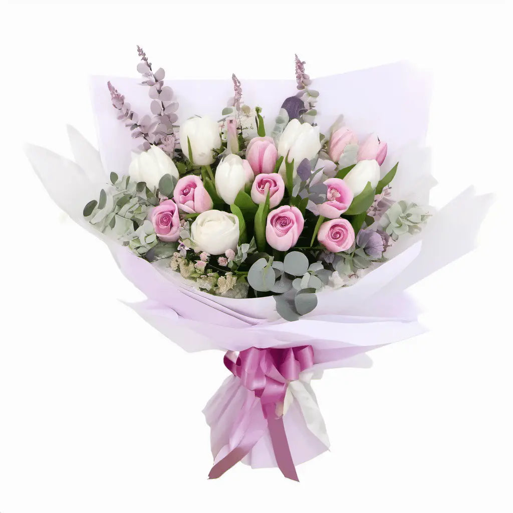 Light Pink Tulip (7 Stalks),Purple Rose (3 Stalks), White Rose (3 Stalks ;Champagne Eustoma (2 Stalks), White Caspia, Eucalyptus Leaves