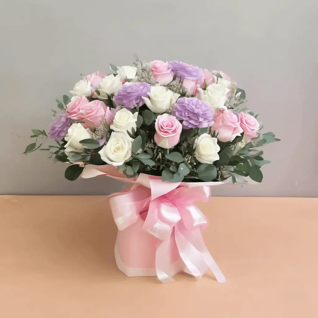 Flower Bouquet of White Roses (2 Stalks), Purple Roses (4 Stalks), Light Pink Roses (3 Stalks), White Carnation (2 Stalks), Light Pink Carnation (3 Stalks), Eucalyptus Leaves