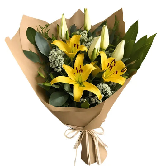 Flower Bouquet Yellow Lily (1 Stalk), Yellow Rose (3 Stalks), White Statice (1 Stalk), Eucalyptus Leaves