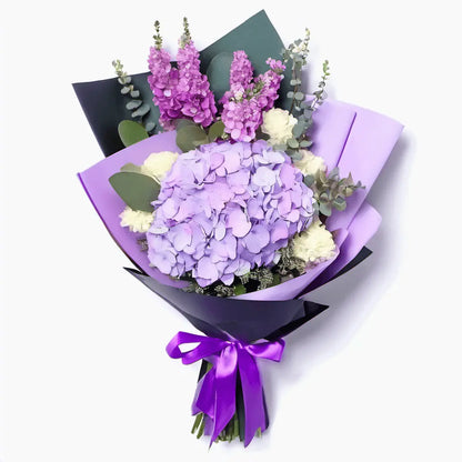 Flower Bouquet of Pink Eustomas (4 Stalks), Purple Matthiola (4 Stalks), Purple Hydrangea, Eucalyptus Leaves