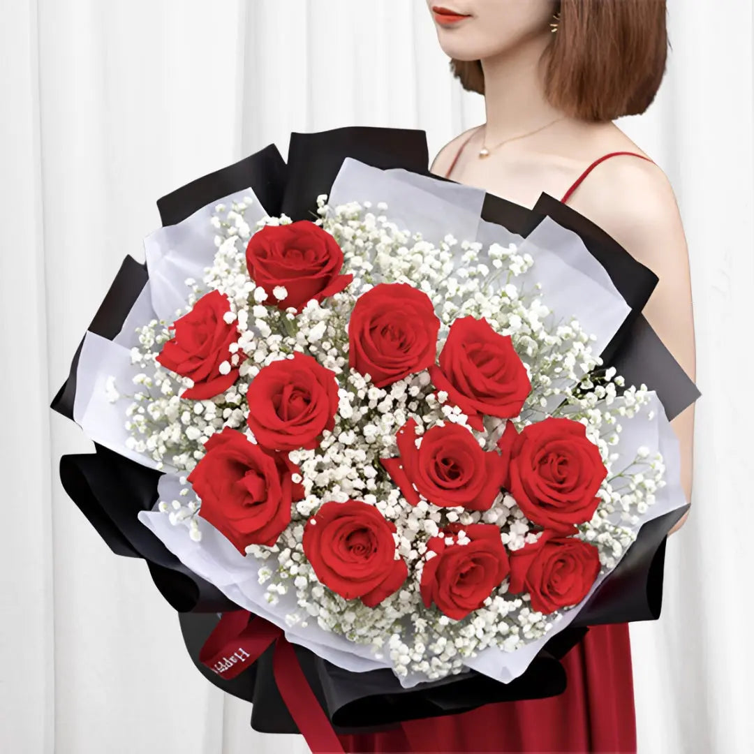 Sophisticated red rose and Baby's Breath bouquet wrapped in black and white paper in Hong Kong