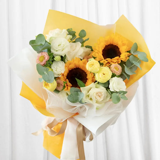 Sunlit Romance Bouquet with Sunflowers, White Roses, Ranunculus, Chrysanthemums, and Eucalyptus - Flower Delivery Hong Kong