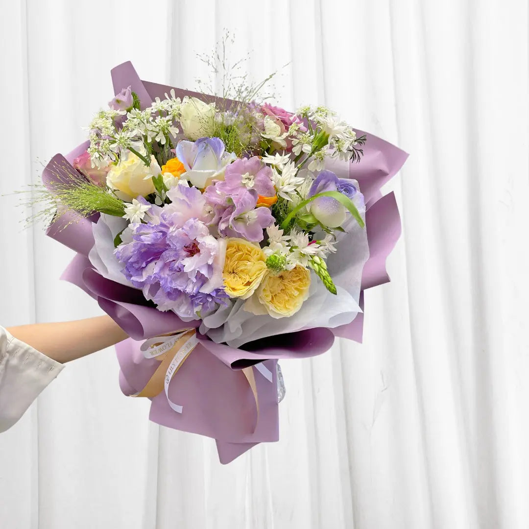 Sunrise Symphony Flower Bouquet - Yellow Roses, Lilacs, Tulips, Sweet Peas, White Fillers