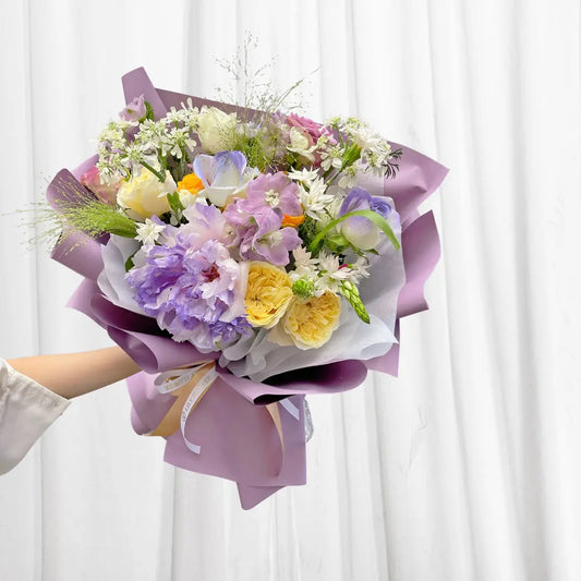 Sunrise Symphony Flower Bouquet - Yellow Roses, Lilacs, Tulips, Sweet Peas, White Fillers