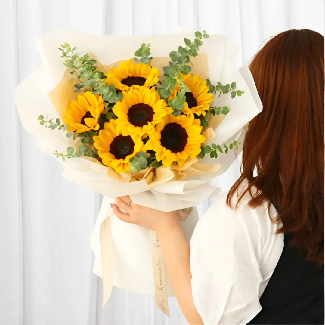 Sunshine Radiance Bouquet featuring 7 sunflowers and eucalyptus leaves in Hong Kong