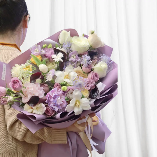 Whispers of Spring Bouquet with Lavender Roses, White Roses, Purple Calla Lilies, Lisianthus, Tulips, and Soft Greenery - Fresh Flower Delivery in Hong Kong